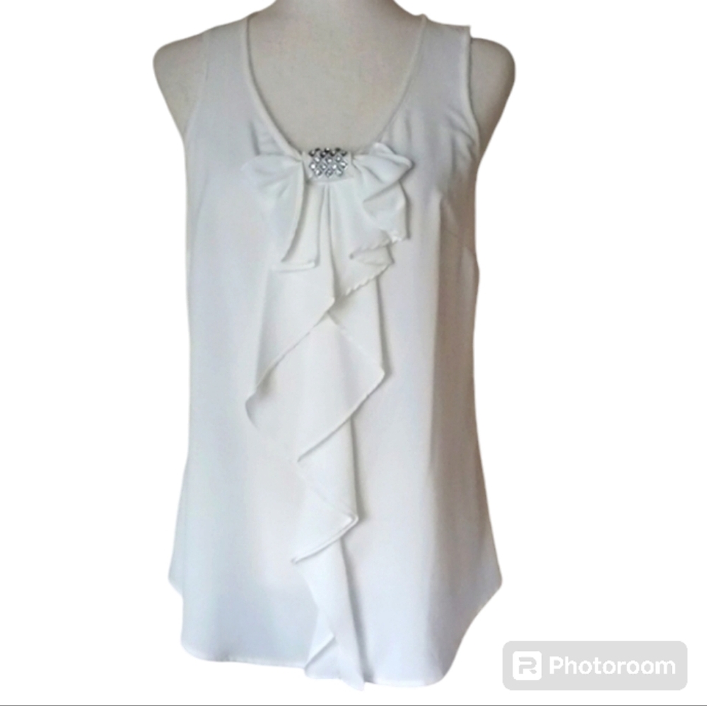 Jennifer Lopez fancy sleeveless tank top blouse v-neck ruffle bling cream sz S